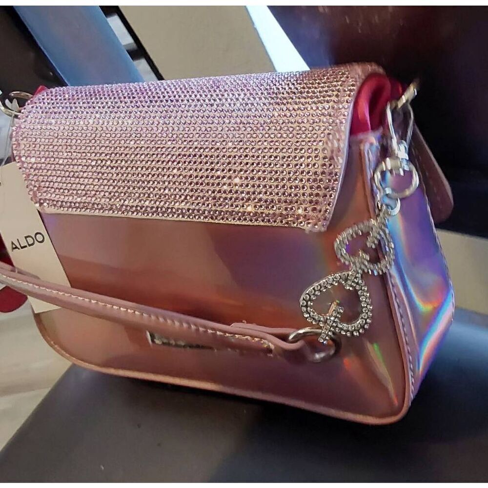 NEW~Aldo Barbie Pink Glitter Rhinestone Heart Accent Handbag Purse - Picture 3 of 11